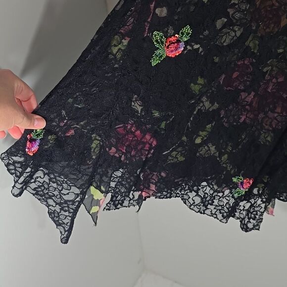 {Nicole Miller New York} 90s Y2K Lace Overlay Floral Sequins Asymmetrical Skirt - Picture 7 of 16